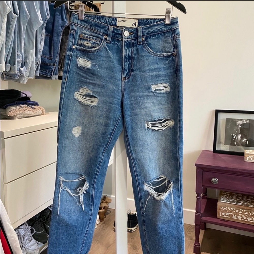 Garage dark blue high rise ripped mom jeans